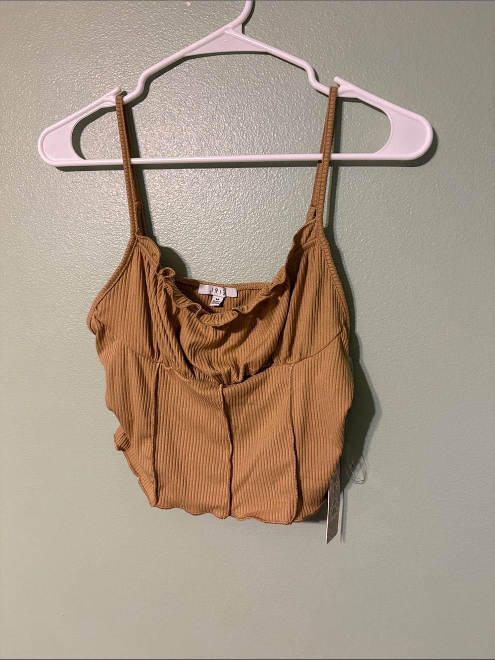 iris Tan Ribbed Spaghetti Strap Crop Camisole